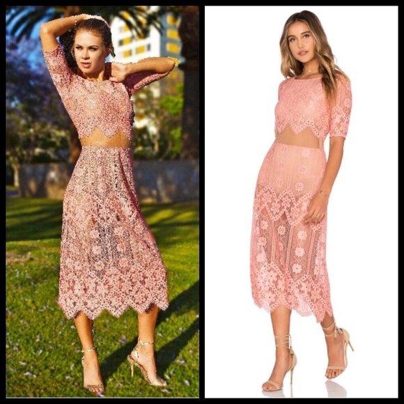 💕FOR LOVE & LEMONS x REVOLVE💕 Pink Lace Illusion Midi Dress Medium M NWT - Picture 1 of 16